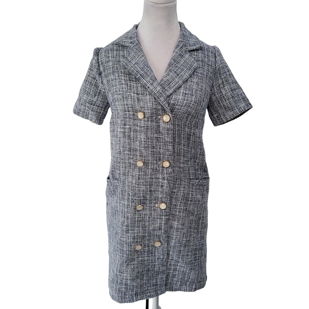 Pomelo Size XXS Tweed‎ Double Breasted Mini Dress Gray Gold Buttons